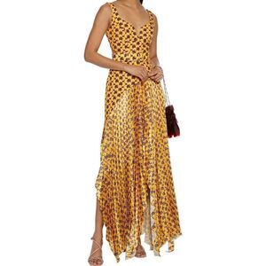 SOLACE LONDON Maxi Dress Belted Paneled Pleated Hammered Satin Crepe Yellow size